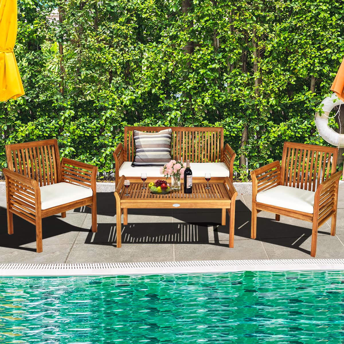Front. Costway - Costway 4 PCS Outdoor Acacia Wood Sofa Furniture Set Cushioned Chair Coffee Table Garden - as pic.