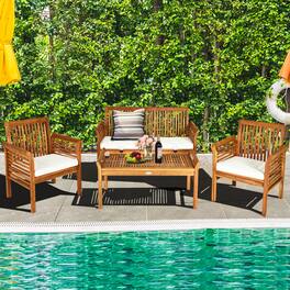 Costway - 4 PCS Outdoor Acacia Wood Sofa Furniture Set Cushioned Chair Coffee Table Garden - as pic