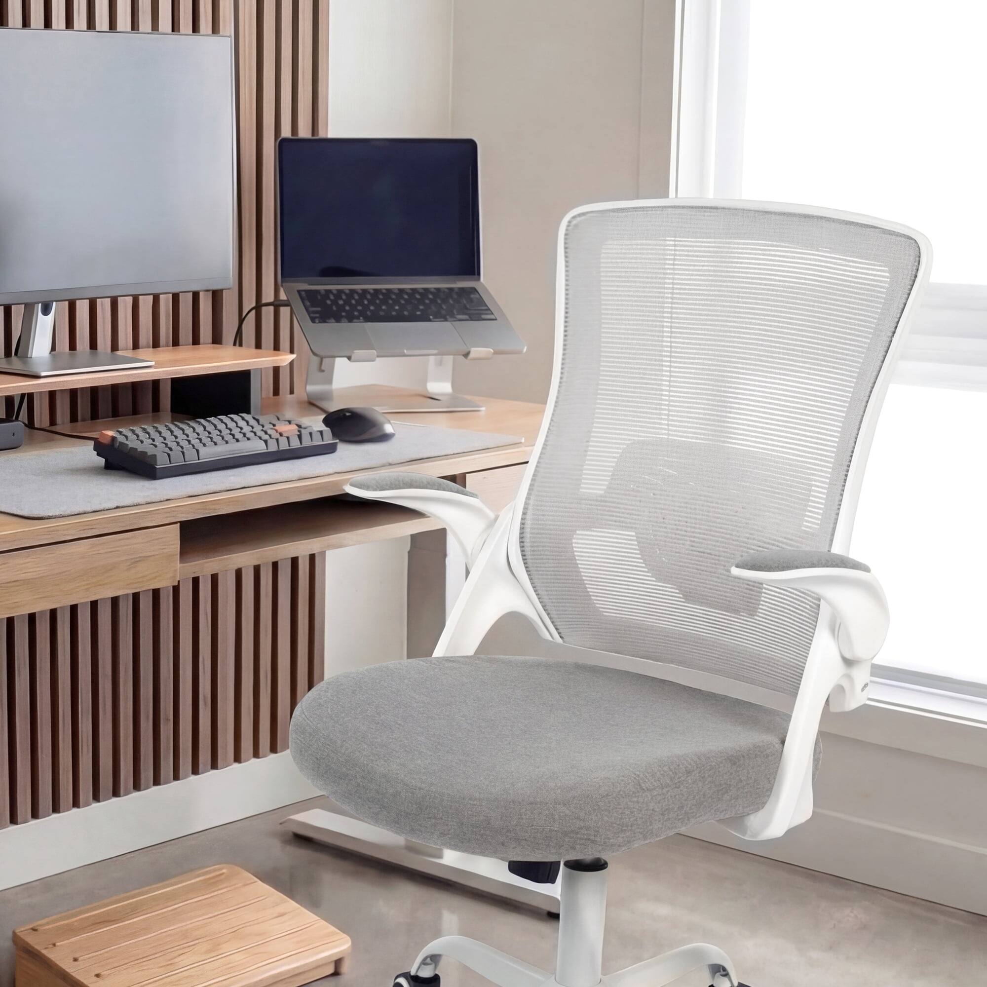 Left. Neo Chair - Ergonomic Office Chair, High-Back Mesh Computer Chair with Adjustable Height, Flip-Up Armrests & Lumbar Support - Steel Base-Gray.