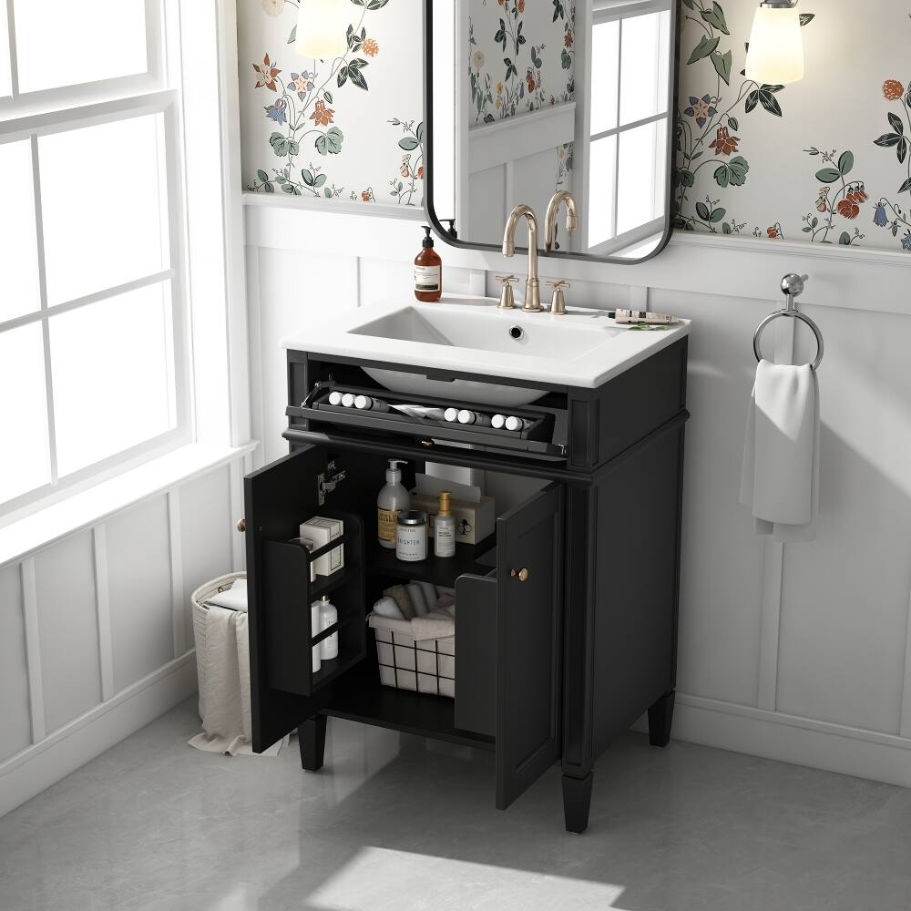 Back. Loheer - Loheer 24 inch bathroom vanity with sink, Black Modern Bathroom Vanity with Tip-Out Drawer - Black.