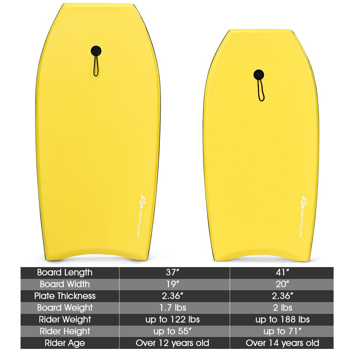 GOPLUS Board Length Board Width Plate Thickness Board Weight Rider Weight Rider Height Rider Age  
37" 19" 2.36" 1.7 lbs up to 122 lbs up to 55" Over 12 years old  
41" 20" 2.36" 2 lbs up to 188 lbs up to 71" Over 14 years old