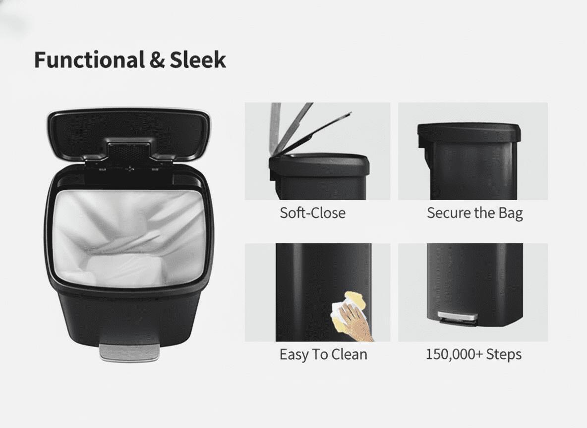 Functional & Sleek  
Soft-Close  
Secure the Bag  
Easy To Clean  
150,000+ Steps