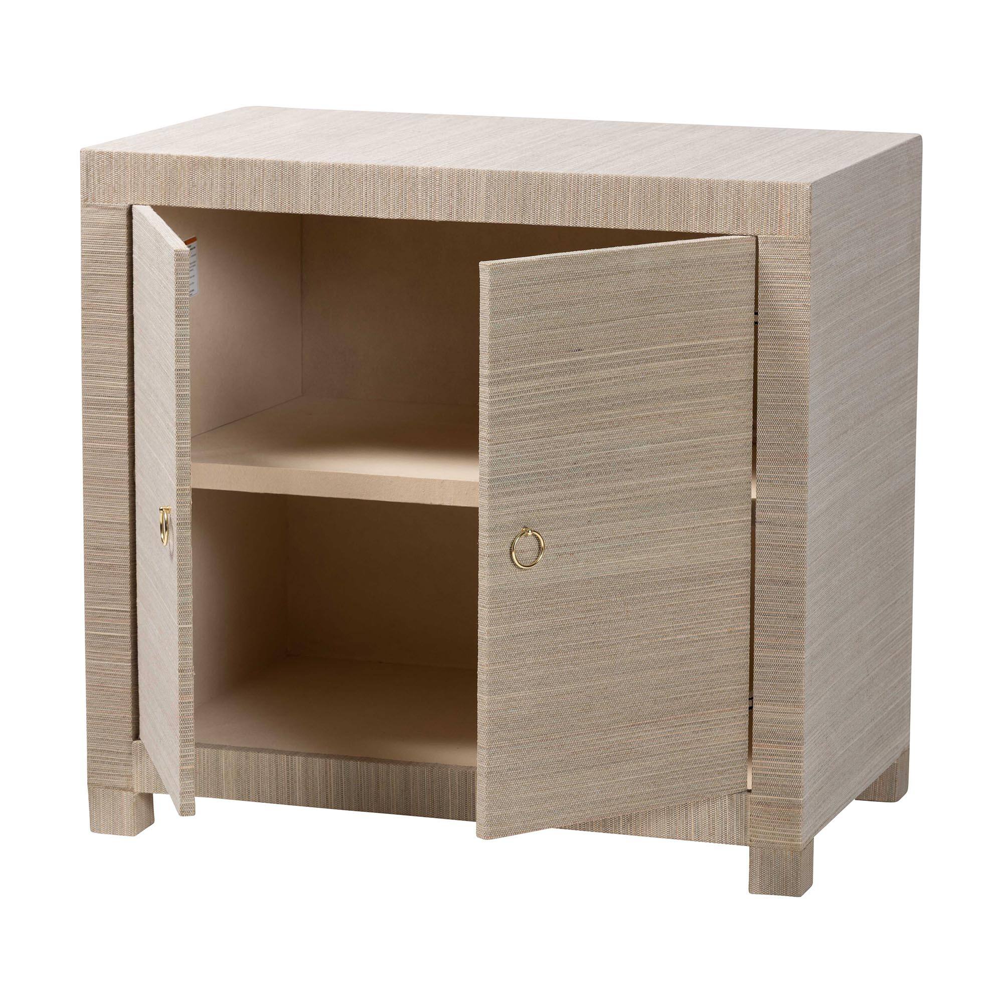 Angle. bali & pari - bali & pari Halen Natural Grasscloth Storage Cabinet - Two-Door Console Storage Solution with Gold Ring Pulls - Beige.