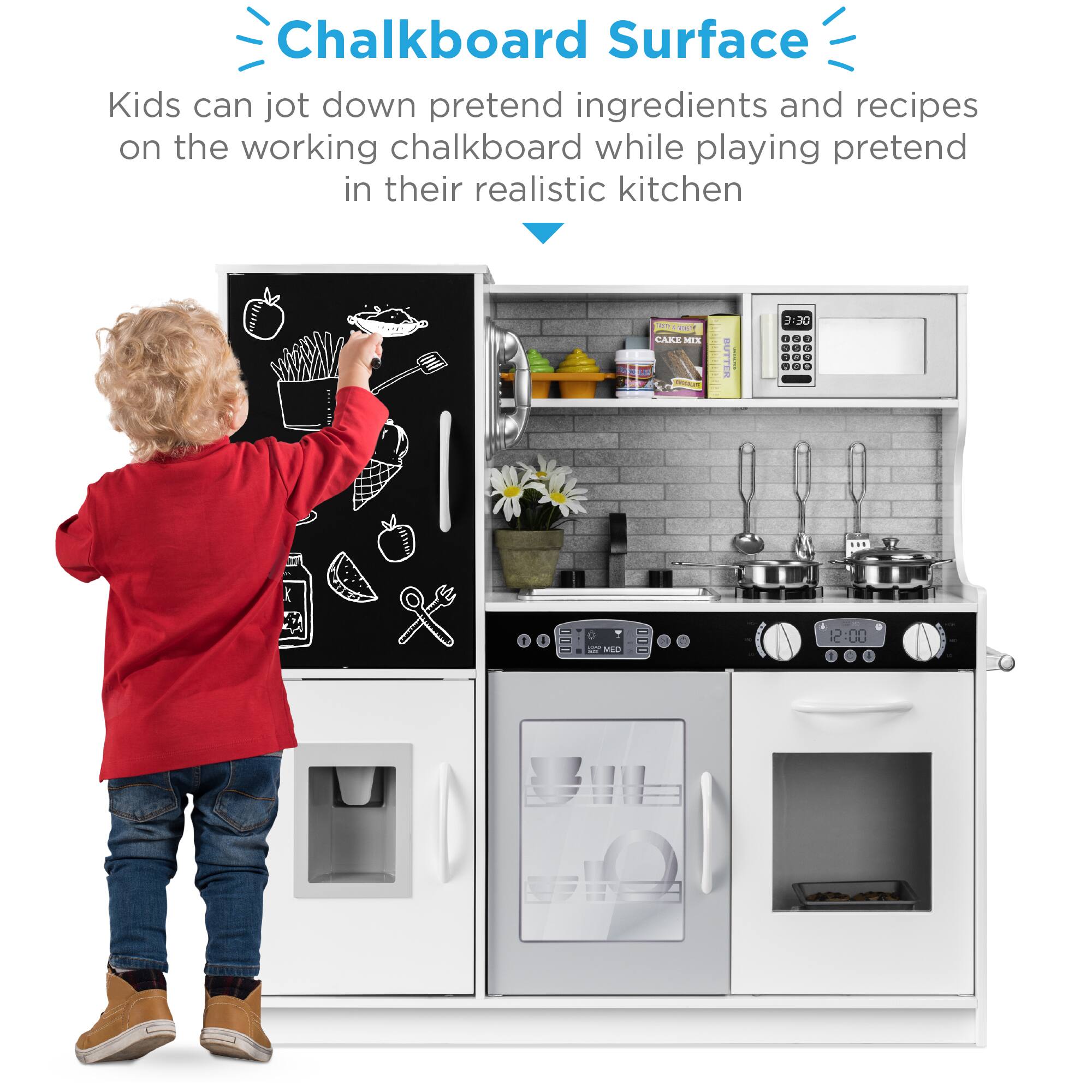 Chalkboard Surface

Kids can jot down pretend ingredients and recipes on the working chalkboard while playing pretend in their realistic kitchen.