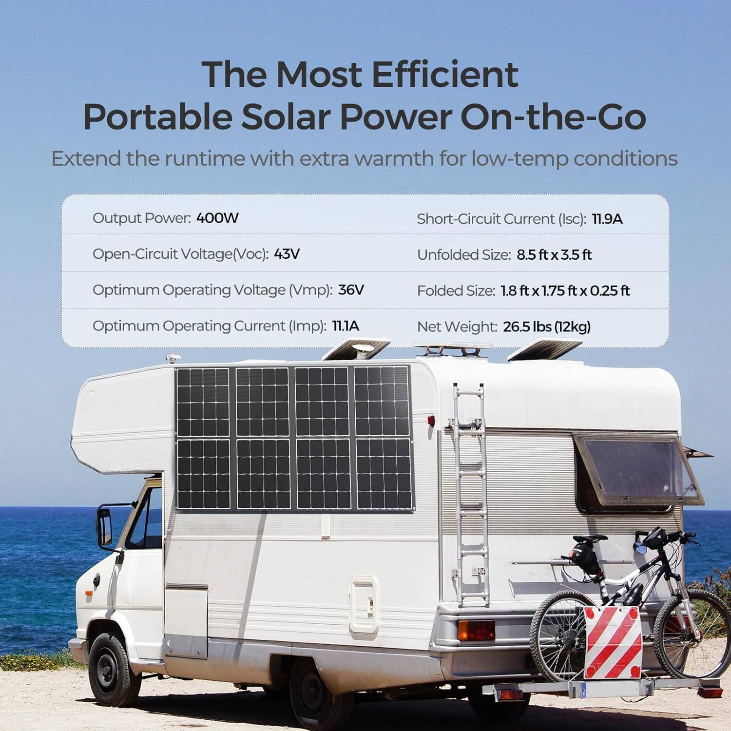 The Most Efficient Portable Solar Power On-the-Go:

* Extend the runtime with extra warmth for low-temp conditions
* Output Power: 400W
* Short-Circuit Current (Isc): 11.9A
* Open-Circuit Voltage(Voc): 43V
* Unfolded Size: 8.5ftx3.5ft
* Optimum Operating Voltage (Vmp): 36V
* Folded Size: 1.8ftx1.75ftx0.25ft
* 1.8 Optimum Operating Current (Imp): T1.1
* Net Weight: 26.5 lbs (12kg)