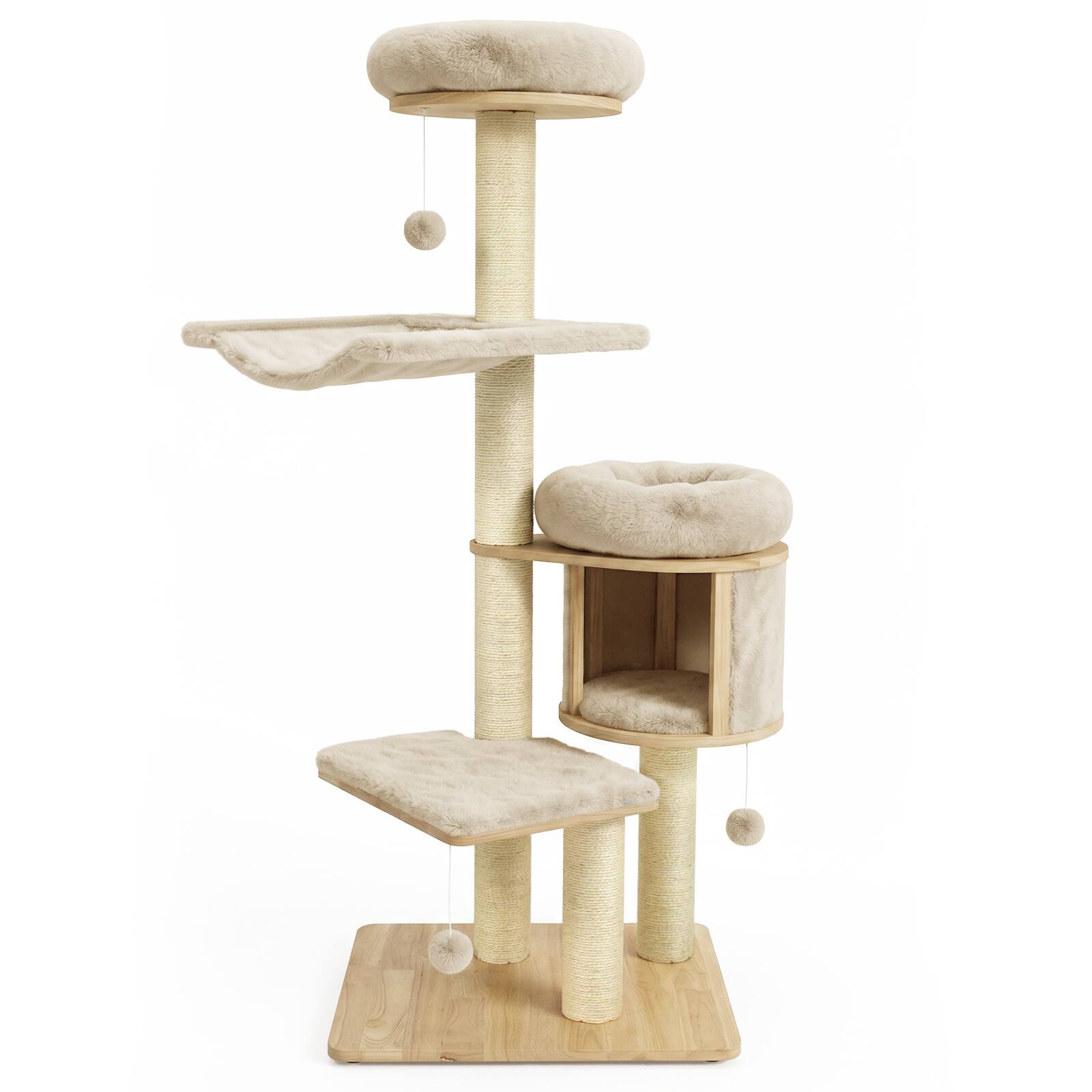 Alt View 9. Gymax - Gymax 55'' Large Solid Rubber Wood Cat Tree Tower w/Cozy Condo Beds & Hammock 3 Balls Natural & Beige - Beige.