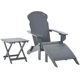 Resenkos - 3-Piece Folding Chair With Ottoman And Side Table, Outdoor Wooden Fire Pit Chairs w/ High-back - Gray