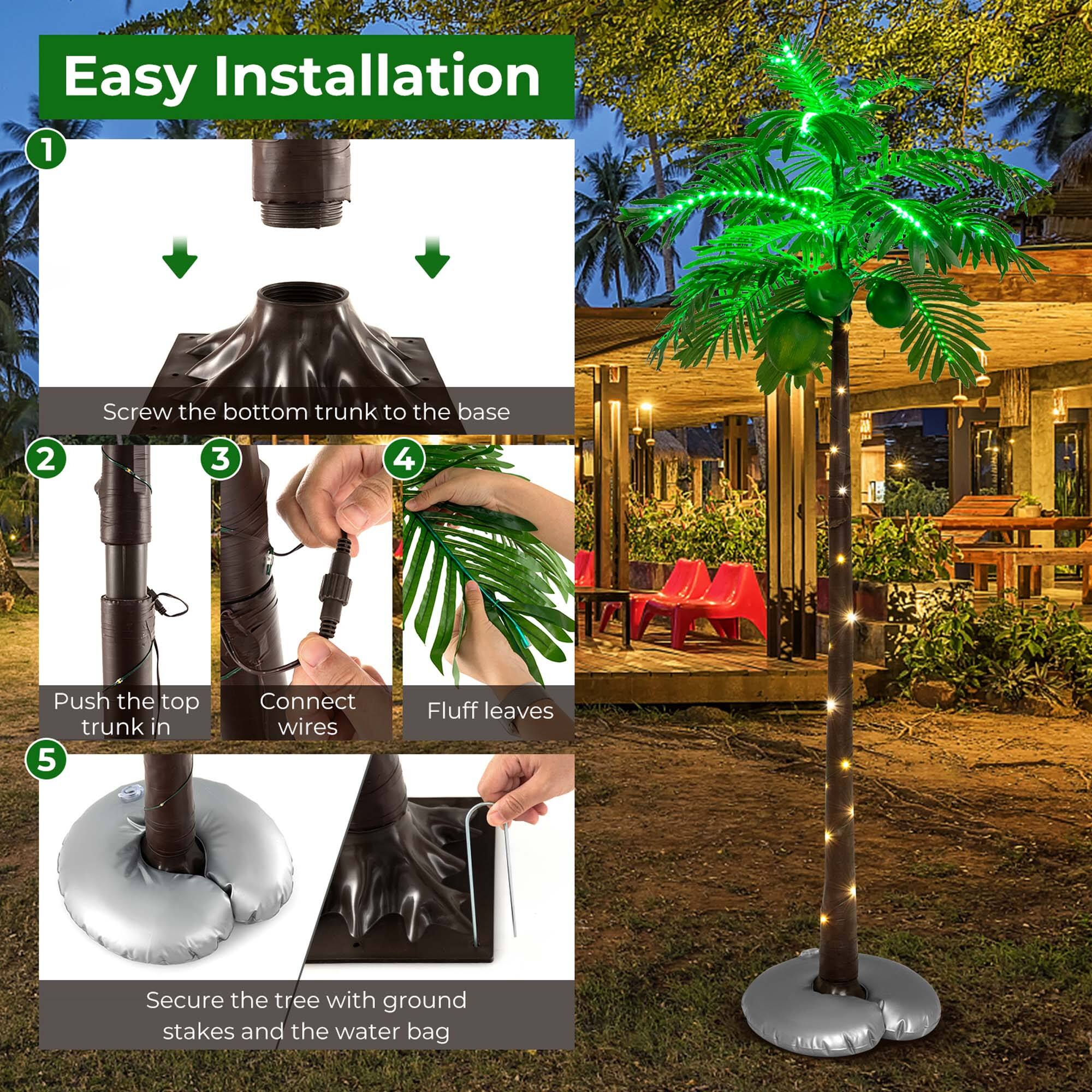 Easy Installation:
1. Screw the bottom trunk to the base.
2. Push the top trunk in.
3. Connect wires.
4. Fluff leaves.
5. Secure the tree with ground stakes and the water bag.