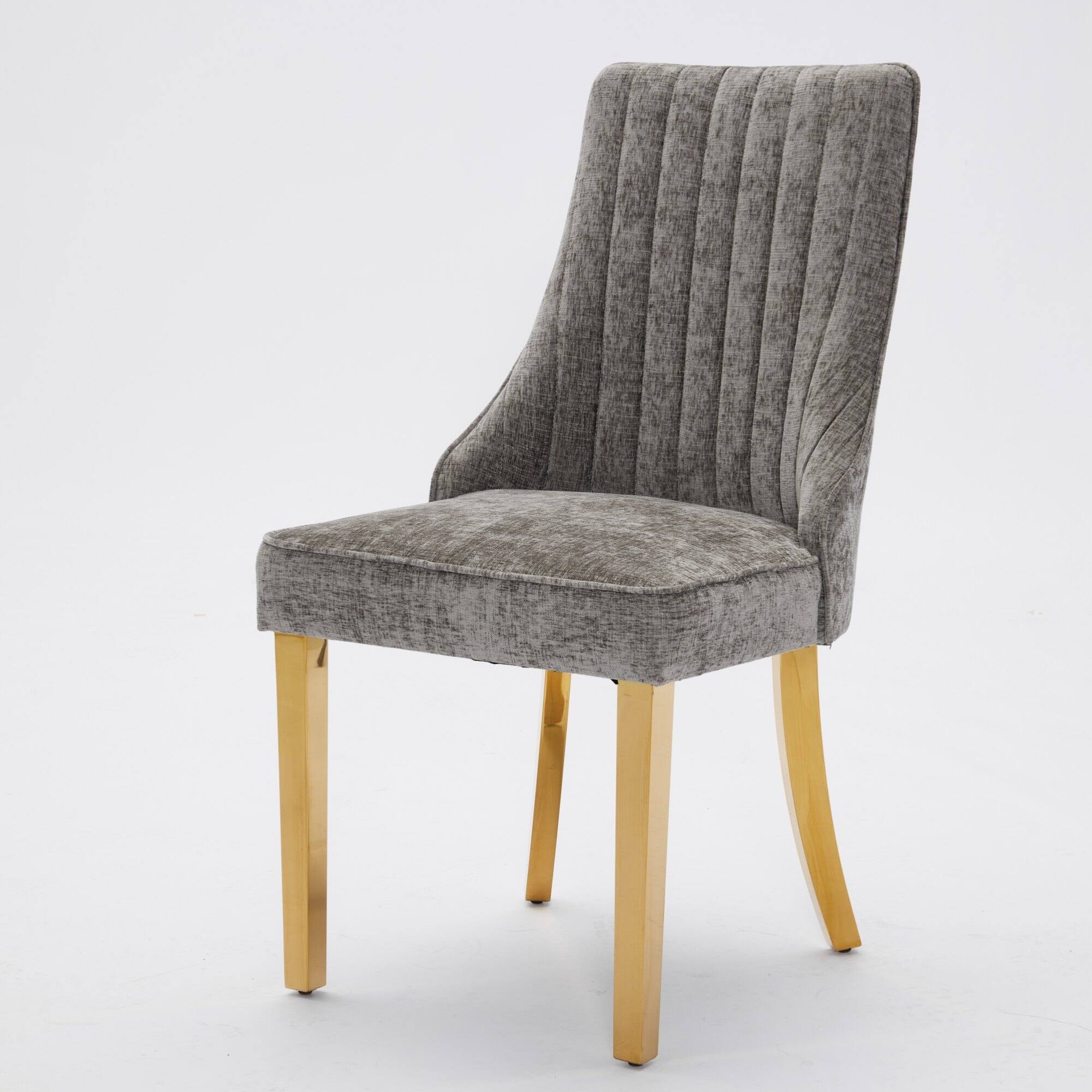 Alt View 4. GOODSILO - Luxury Chenille Fabric Upholstered Dining Chairs with Golden Stainless Steel Legs, Set of 2 - Gray.