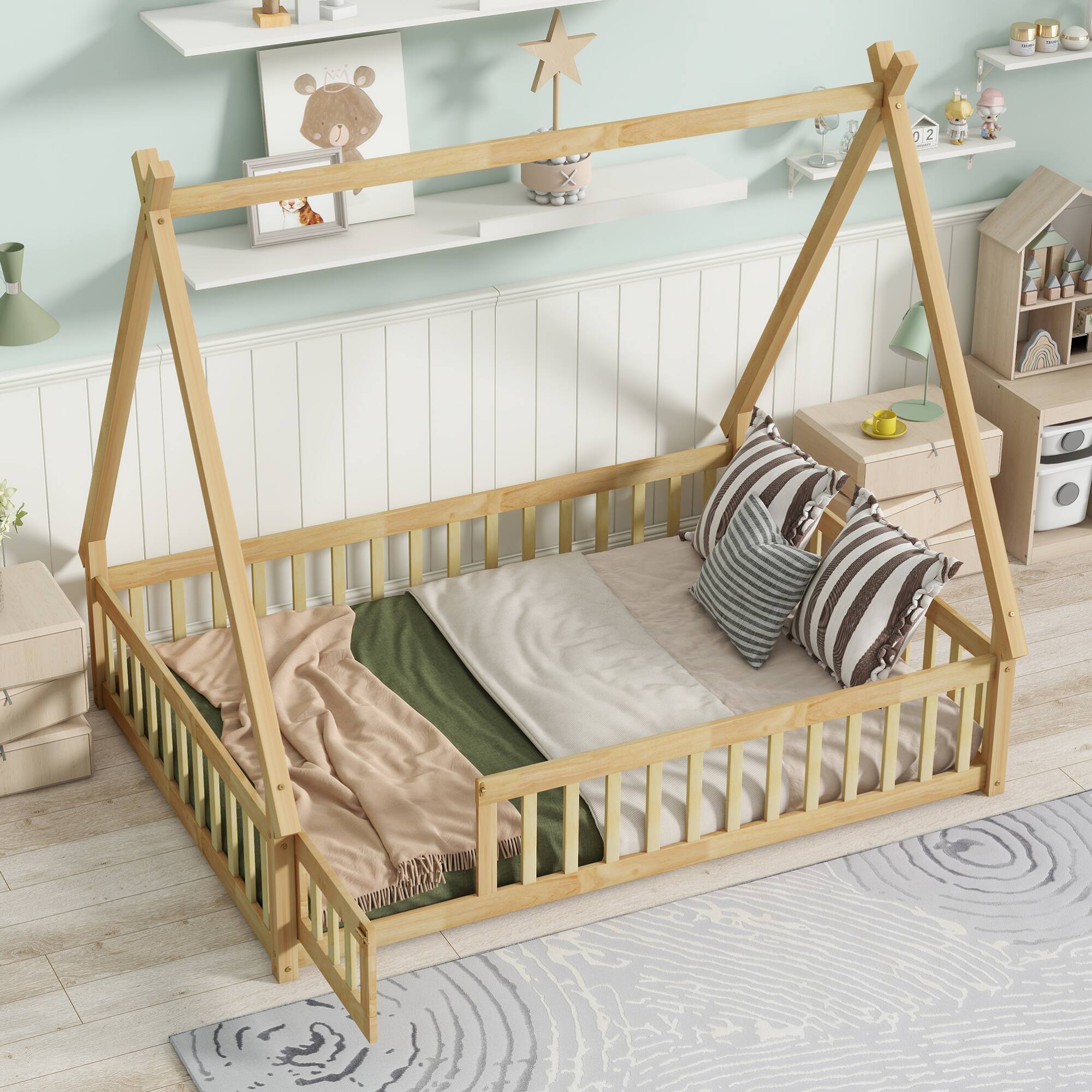 Alt View 8. GOODSILO - Full Size Tent-Shaped Wooden Floor Bed with Guardrails, Slats, and Entry Door - Natural.