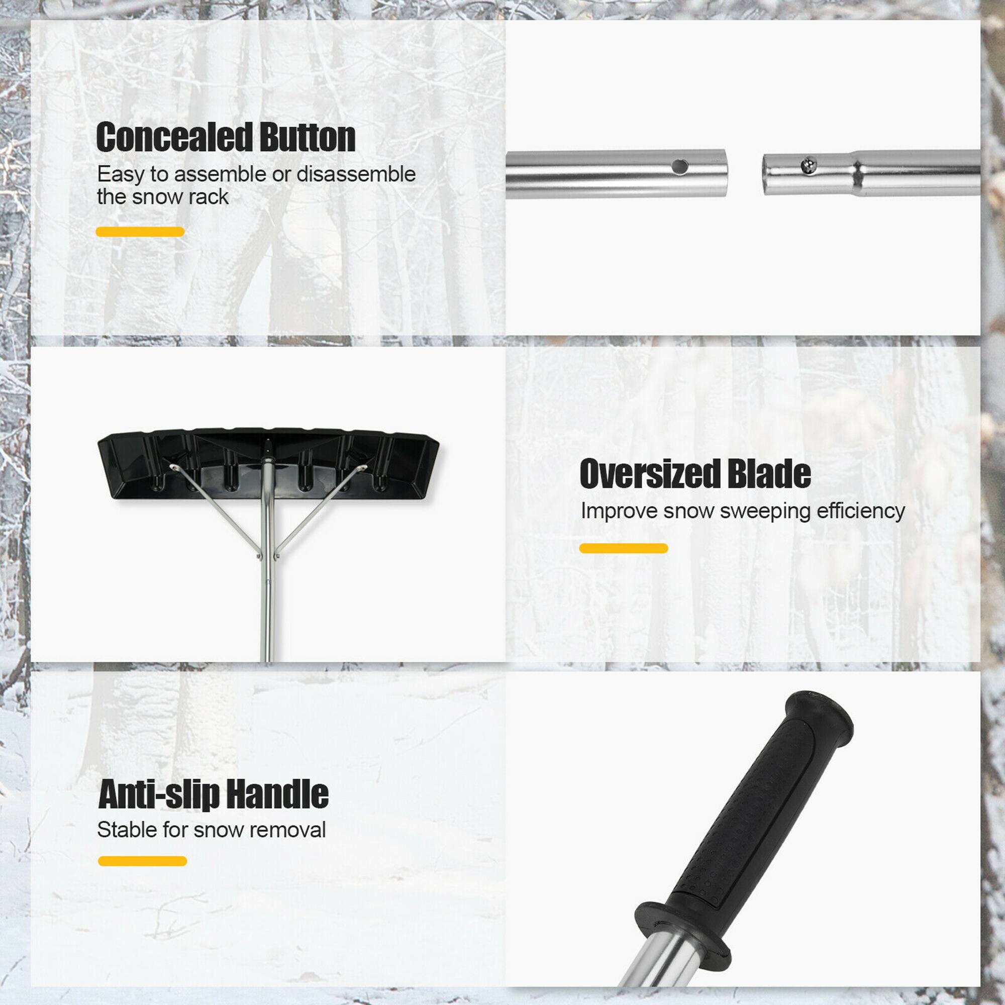 The text on the image can be grouped and corrected as follows:

1. Concealed Button: Easy to assemble or disassemble the snow rack.
2. Oversized Blade: Improve snow sweeping efficiency.
3. Anti-slip Handle: Stable for snow removal.