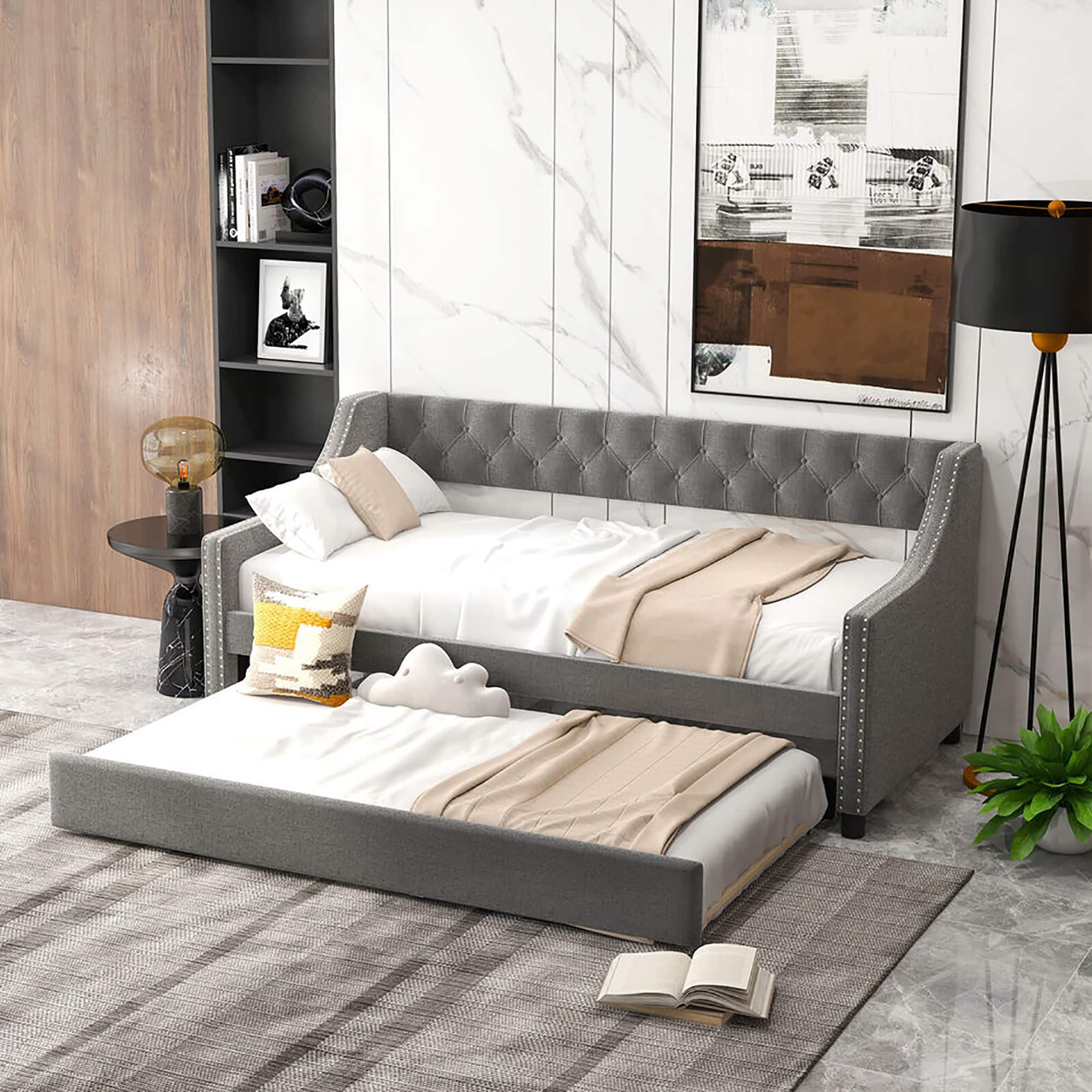 Gymax - Twin Size Daybed w/ Trundle wingback Armrests & Button Tufted Backrest - Gray