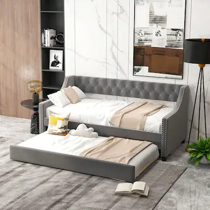 Front. Gymax - Gymax Twin Size Daybed w/ Trundle wingback Armrests & Button Tufted Backrest - Gray.