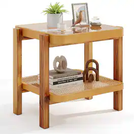 Kadyn - Sofa Side End Table, End Table, Couch Table,Rattan 2-Tier End Side Table with Tempered Glass Top Acacia Wood Legs - Brown