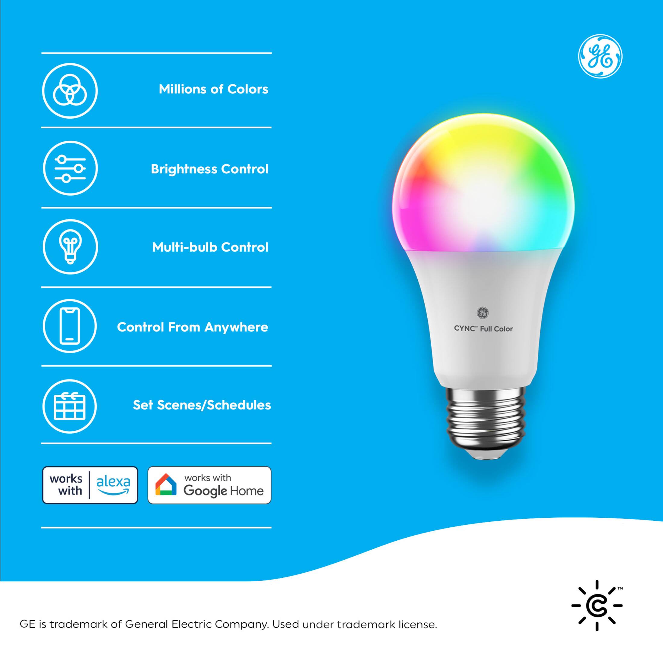 The text on the image can be grouped and corrected as follows:

1. Millions of Colors
2. Brightness Control
3. Multi-bulb Control
4. Control From Anywhere
5. CYNC Full Color
6. Set Scenes/Schedules
7. Works with Alexa
8. Works with Google Home
9. GE is a trademark of General Electric Company. Used under trademark license.