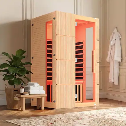 Front. U-HOMY - Infrared Sauna with Red Light Therapy – Hemlock Build, Beauty Lamp & 15-Min Fast Warm-Up - Natural.