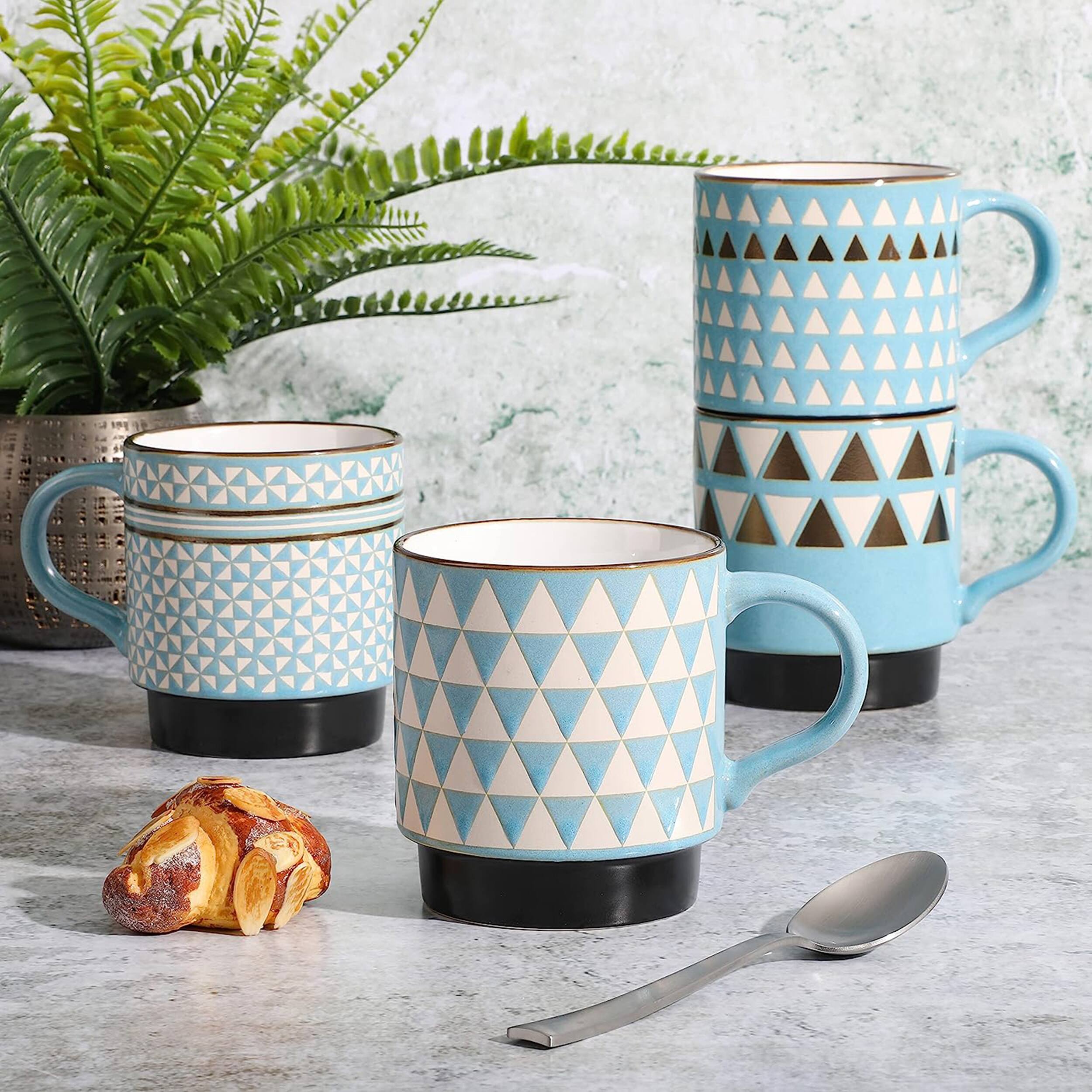 Alt View 4. Mr. Coffee - Mr. Coffee Primevalley 4 Piece 14 Ounce Stackable Assorted Wax Relief Triangle Design Mug Set - Blue.