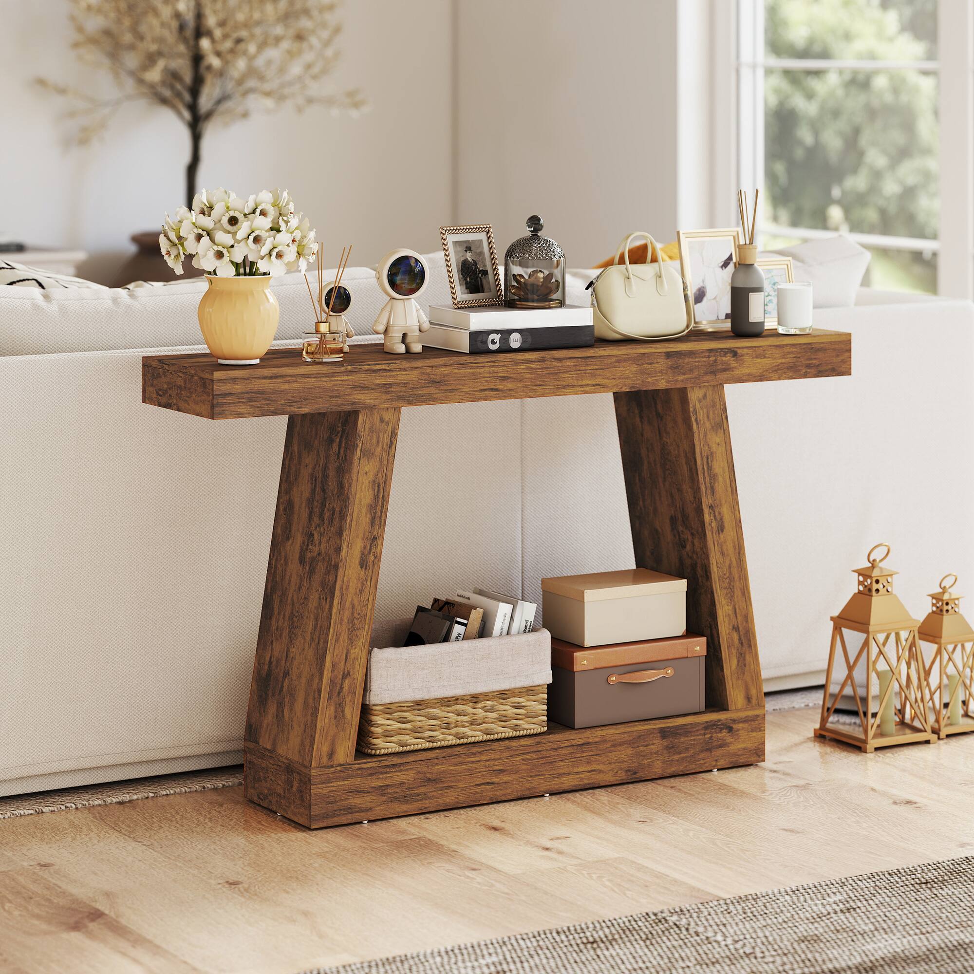Alt View 7. Homcom - Farmhouse Console Table, 2-Tier Entryway Table with Storage for Hallway, Living Room, Behind Couch - Dark brown.