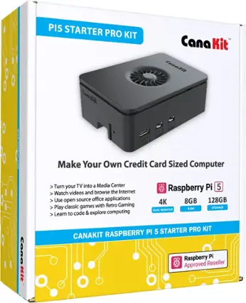 PI5 STARTER PRO KIT TM Cana Kit Ceralit Canaliil  ..N... HOAR g HOMI USB-C PWR Make Your Own Credit Card Sized Computer Turn your TV into a Media Center Watch videos and browse the Internet Use open source office applications Play classic games with Retro Gaming Learn to code & explore computing Raspberry Pi 5 4K 8GB 128GB RAM STORAGE DUAL MONITOR Cano Kic 5 STARTER PRO KIT RASPBERRY PI CANAKIT Raspberry Pi Approved Reseller