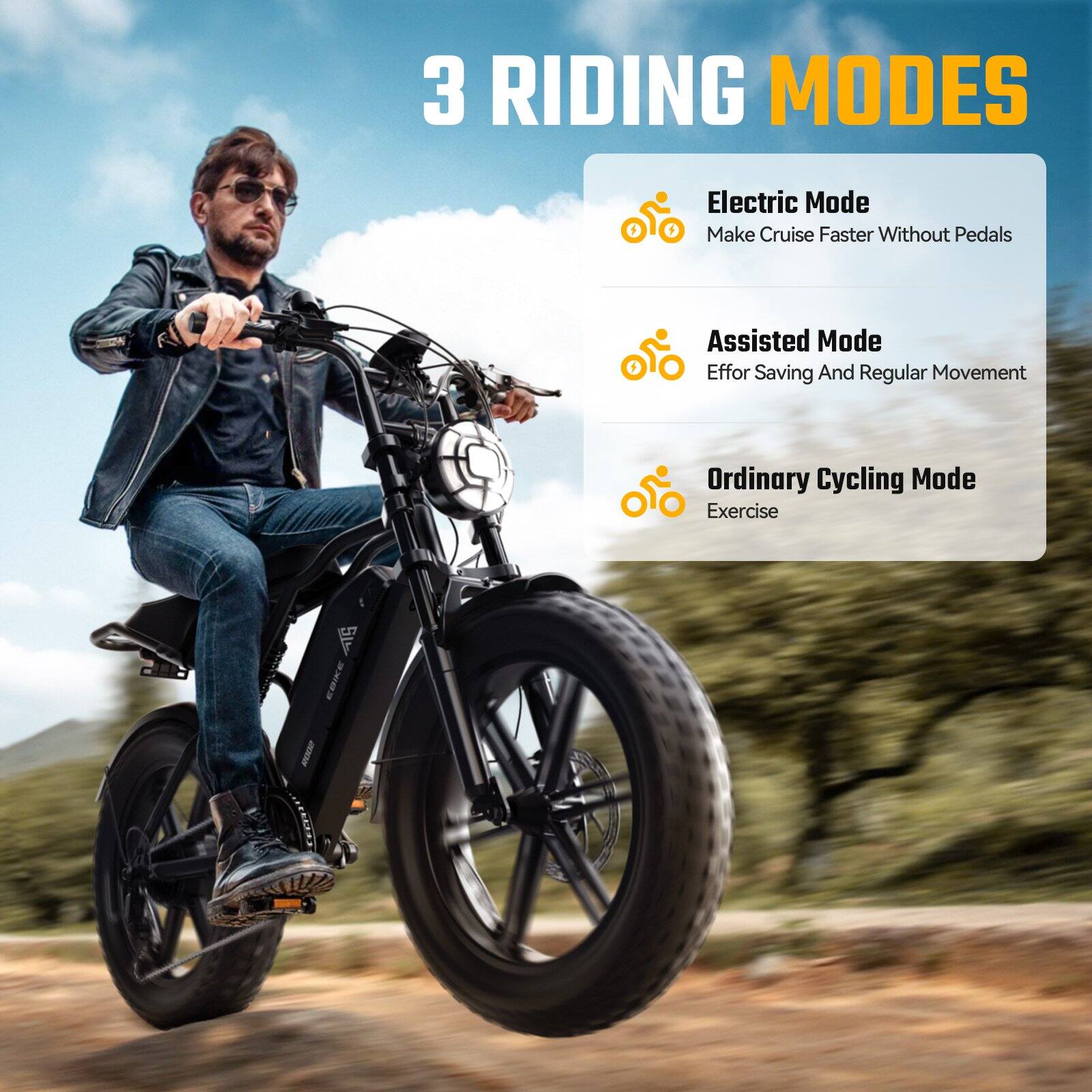 3 RIDING MODES

Electric Mode  
Make Cruise Faster Without Pedals

Assisted Mode  
Effort Saving And Regular Movement

Ordinary Cycling Mode  
Exercise