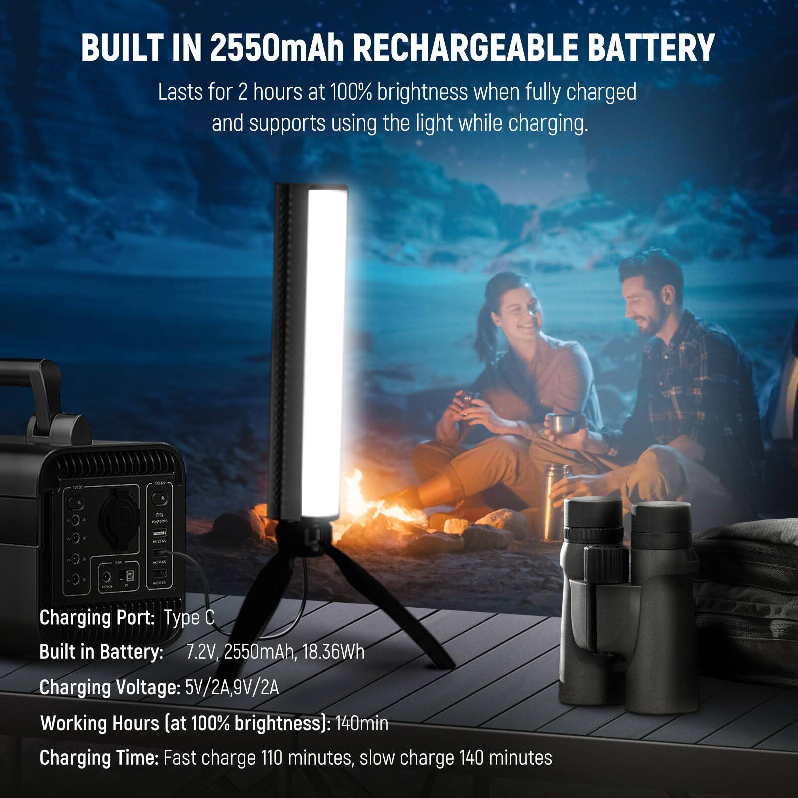 BUILT IN 2550mAh RECHARGEABLE BATTERY  
Lasts for 2 hours at 100% brightness when fully charged and supports using the light while charging.  

Charging Port: Type C  
Built in Battery: 7.2V, 2550mAh, 18.36Wh  
Charging Voltage: 5V/2A, 9V/2A  
Working Hours (at 100% brightness): 140min  
Charging Time: Fast charge 110 minutes, slow charge 140 minutes