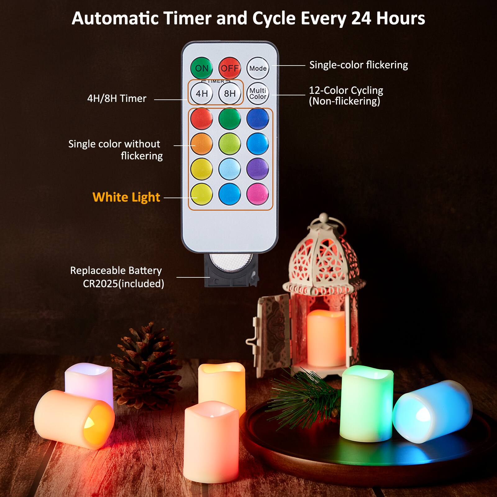Automatic Timer and Cycle Every 24 Hours

ON/OFF Mode

4H/8H Timer

Single-color flickering

12-Color Cycling (Non-flickering)

Single color without flickering

White Light

Replaceable Battery CR2025 (included)