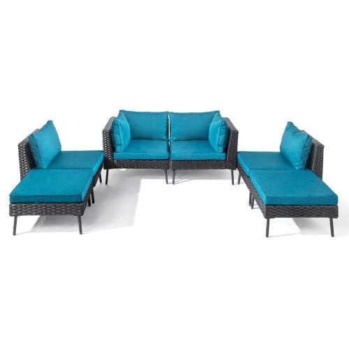 Alt View 1. Winado - 6PCS Patio Rattan Wicker Furniture Set with Ottoman, Pillow, Cushions Sectional Sofa Conversation Set for Indoor Outdoor - Black & Peacock Green Cushion.