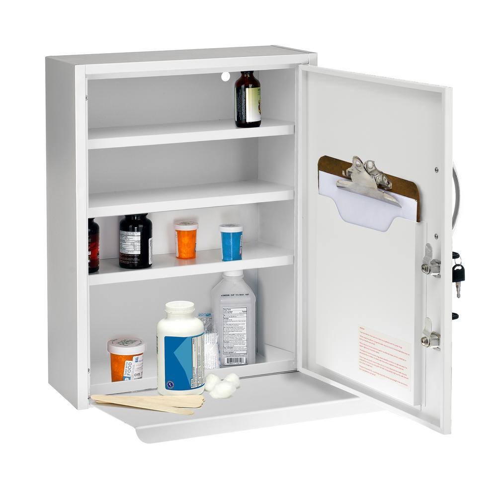 Left. Viva Comfort - Medicine Cabinet, Surface Mount Locking Bathroom Security Cabinet with Shelf and Pocket - White.