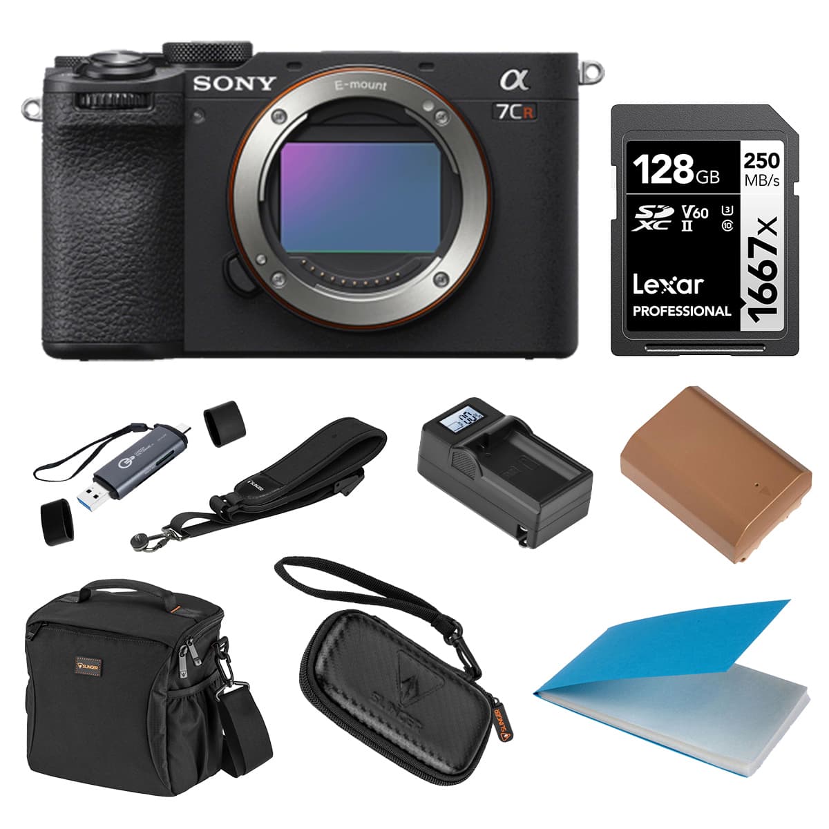 Bundle - Sony - Alpha a7CR Mirrorless Camera Body, Black, with Shoulder Bag, 128GB SD Card, Card Reader, Extra Battery,