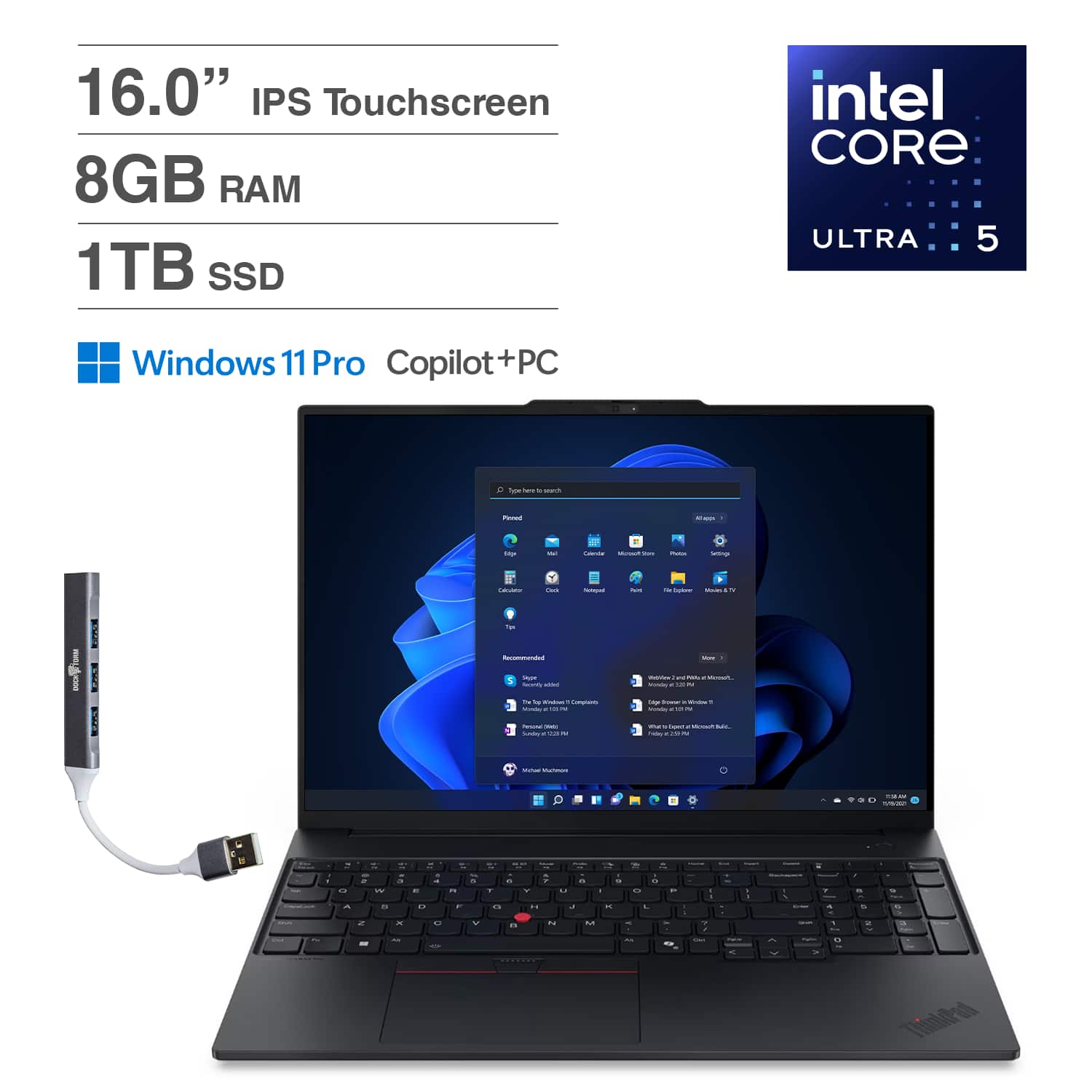 Lenovo - ThinkPad Laptop 16'' Touchscreen (Intel Ultra 5-225U, 8GB DDR5, 1TB SSD, Win 11 Pro) w/DKZ USB Port Expander - Black price history on PriceWatchPro