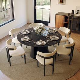 POVISON - 59" Modern Round Kitchen Dining Table for 6, Glossy Pandora Sintered Stone Tabletop with Solid Bronze Carbon Steel Base - Pandora & Bronze Steel Base