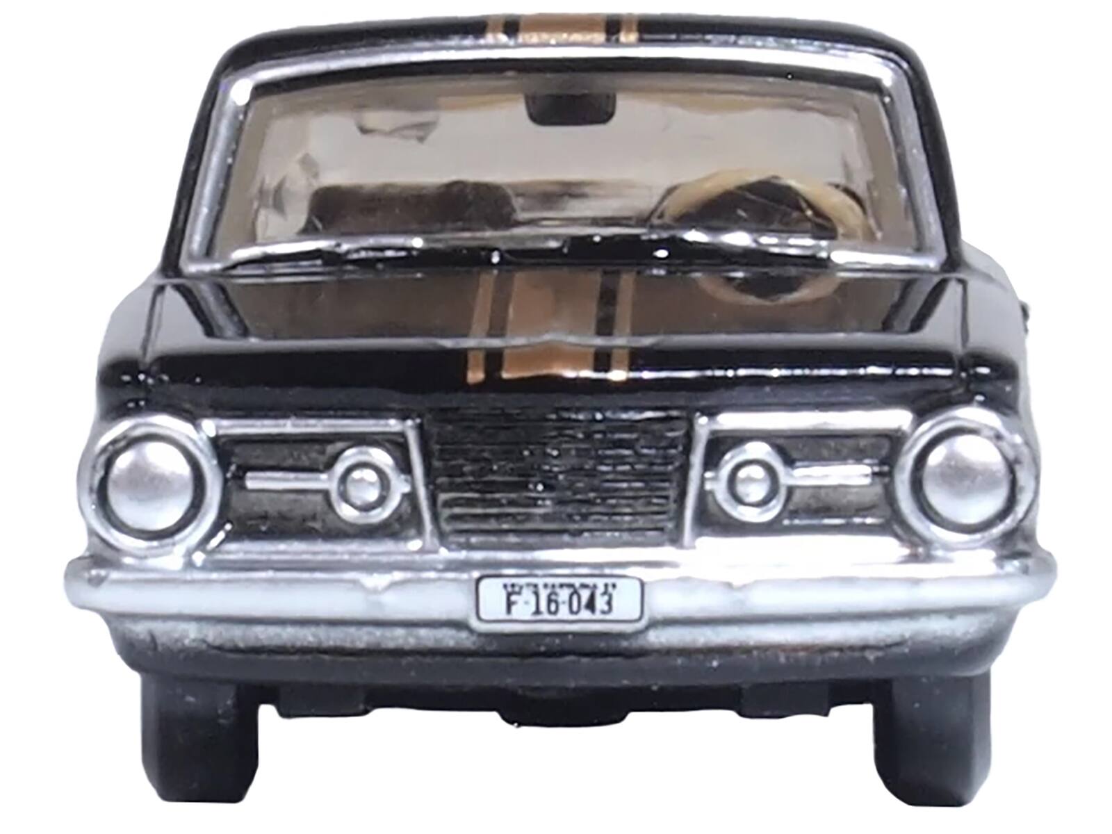 Left. Oxford Diecast - 1965 Plymouth Barracuda Black with Gold Stripes 1/87 (HO) Scale Diecast Model Car by Oxford Diecast - Black, Gold.
