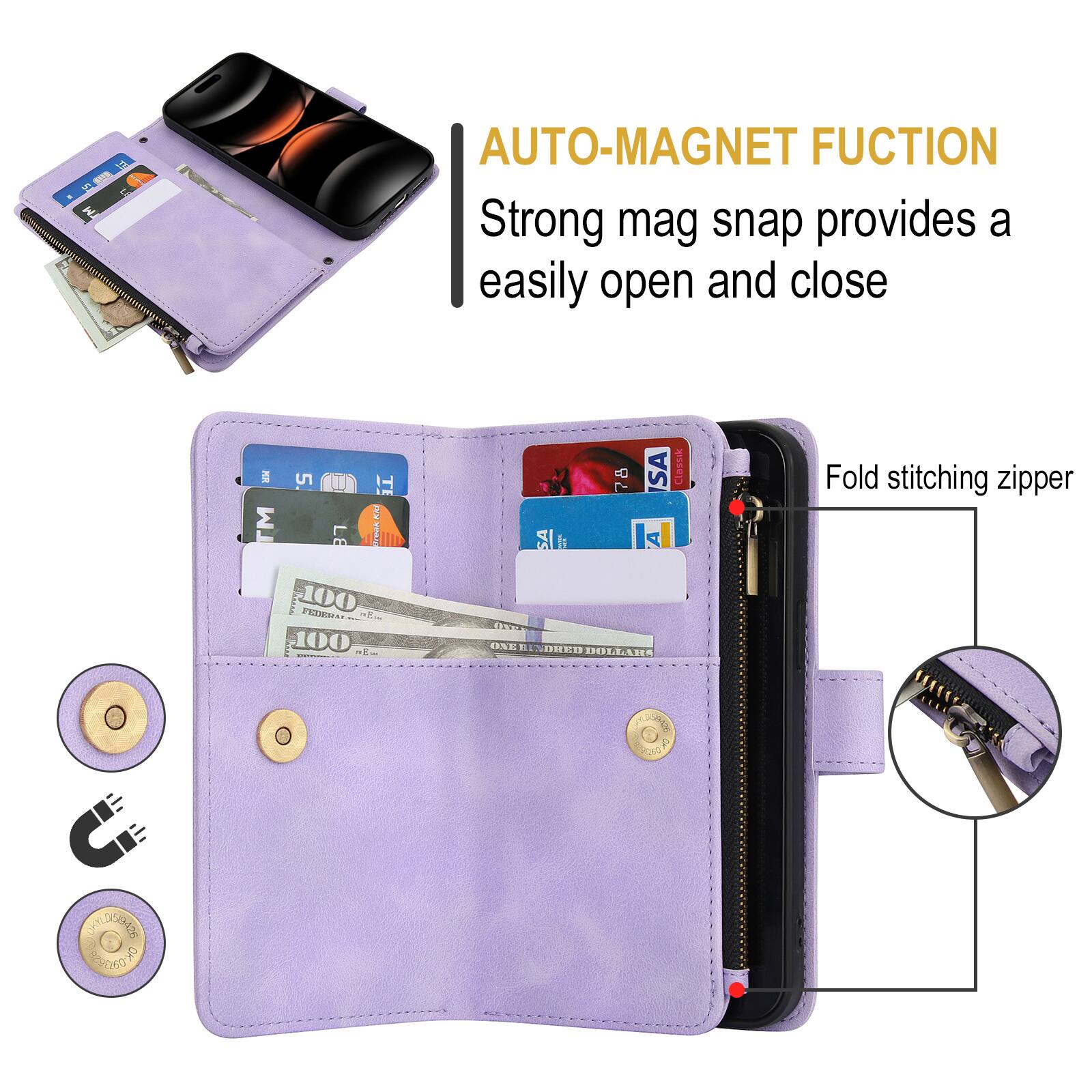 AUTO-MAGNET FUNCTION  
Strong mag snap provides a easily open and close  

Fold stitching zipper