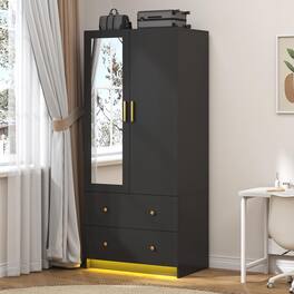 Espafurni - 2 - Door Mirrored Wardrobe with LED - Small Bedroom Armoire, Drawers & Hanging Rod - Black