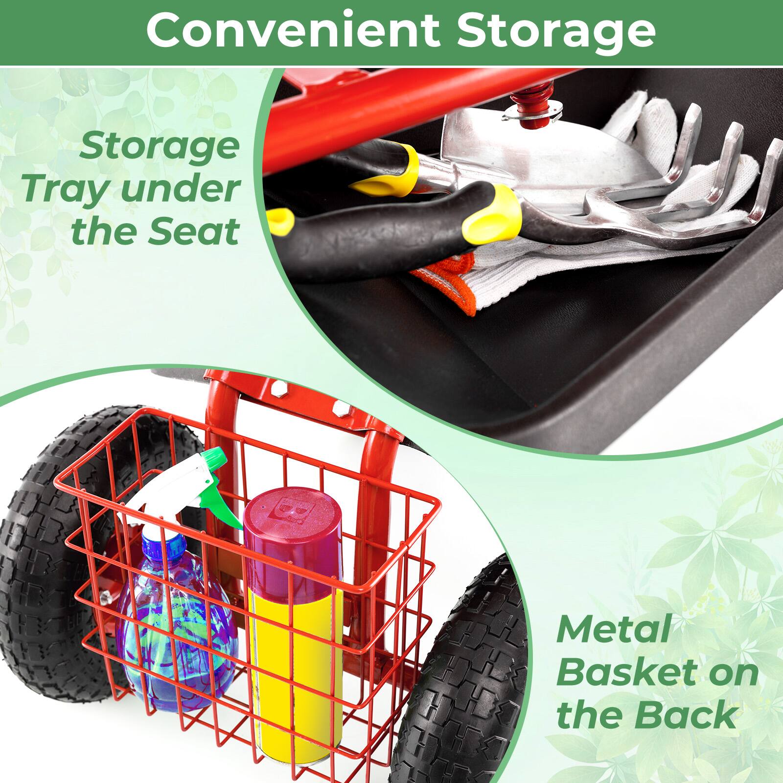 Convenient Storage

Storage Tray under the Seat

Metal Basket on the Back