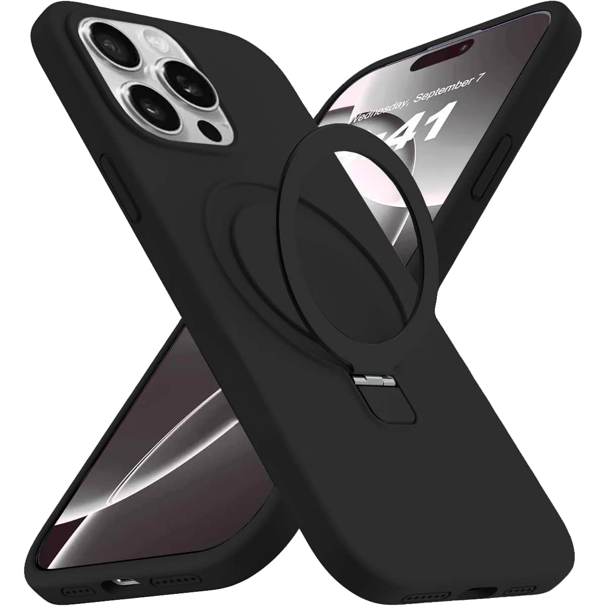 Entronix - [Magnetic] Case for iPhone 15 Pro - Soft-Touch Liquid Silicone Gripstand - Black