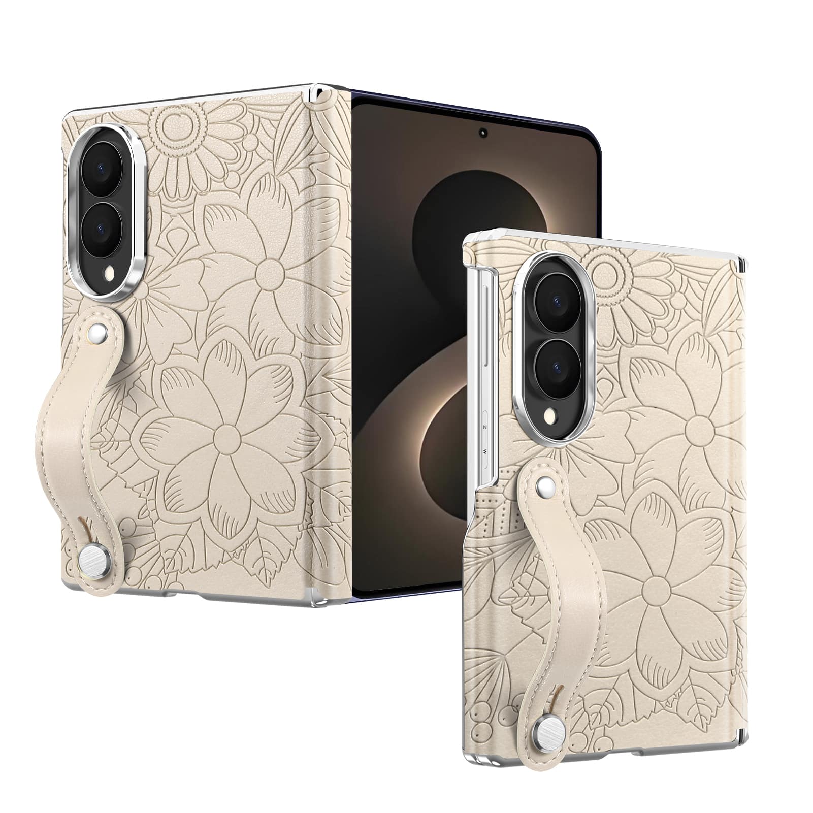 Dteck - Shockproof Case for Samsung Galaxy Z Fold8 with Wristband, Floral Leather Texture Rigid Plastic Hinge Protective Cover - Apricot price history on PriceWatchPro