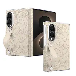 Dteck - Shockproof Case for Samsung Galaxy Z Fold8 with Wristband, Floral Leather Texture Rigid Plastic Hinge Protective Cover - Apricot
