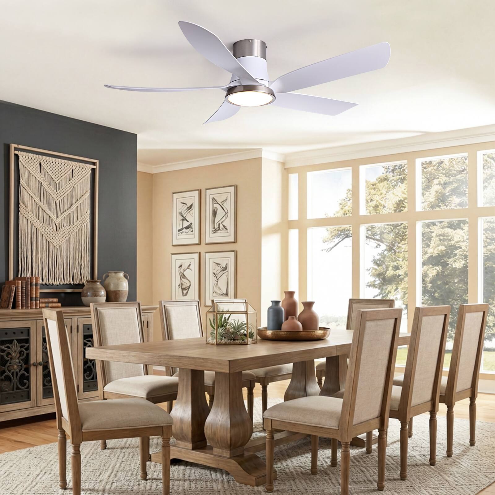 Angle. Siljoy - 52 Inch 5 Blade Low Profile Flush Mount Ceiling Fan with LED Light Remote and App for Bedroom Living Room - White and Silver.