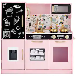 Best Choice Products - Pretend Play Kitchen Wooden Toy Set for Kids w/ Telephone, Utensils, Oven, Microwave - Pink Floral