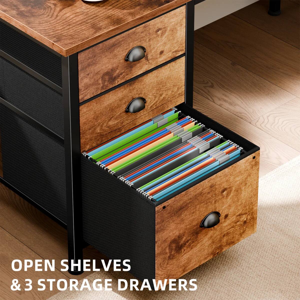 OPEN SHELVES & 3 STORAGE DRAWERS