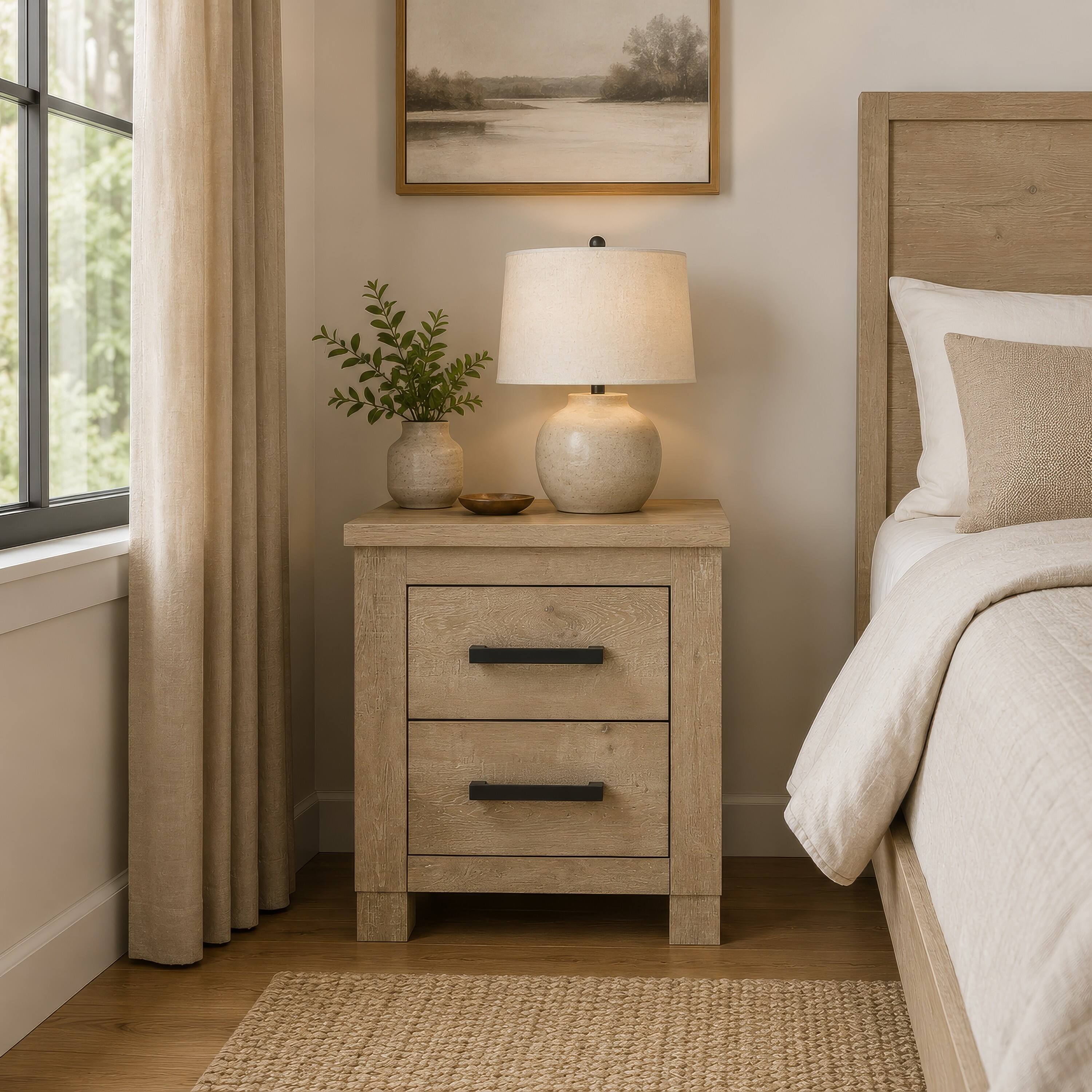 Alt View 7. Manhattan Lane - Tyna Nightstand with 2 Drawer, Metal, Weathered Oak Wood 26 Inch - Weathered Oak Beige.