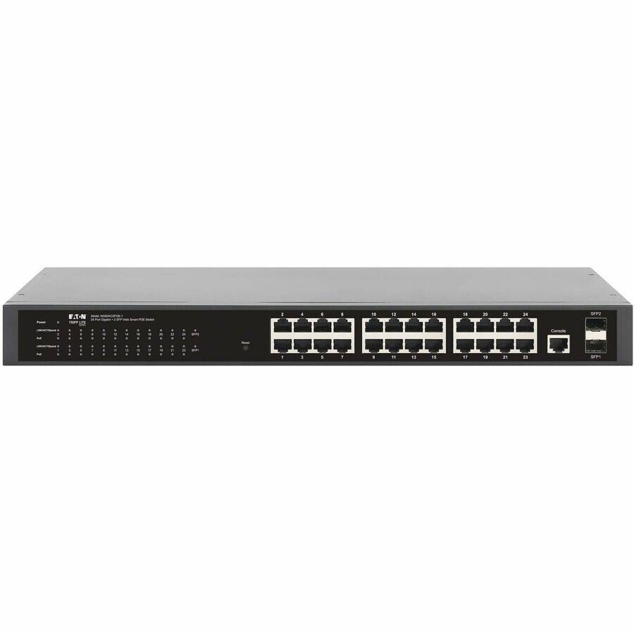 F5-N  
24-Port 10/100/1000 Base-T + 4 SFP+ POE+ Switch  
Power  
LED Indicators  
- PWR  
- LINK/ACT  
- 1000MB  
- POE  
- SYS  
- FAN  
- SFP+  
Ports  
1 2 3 4 5 6 7 8 9 10 11 12 13 14 15 16 17 18 19 20 21 22 23 24  
Console  
SFP+