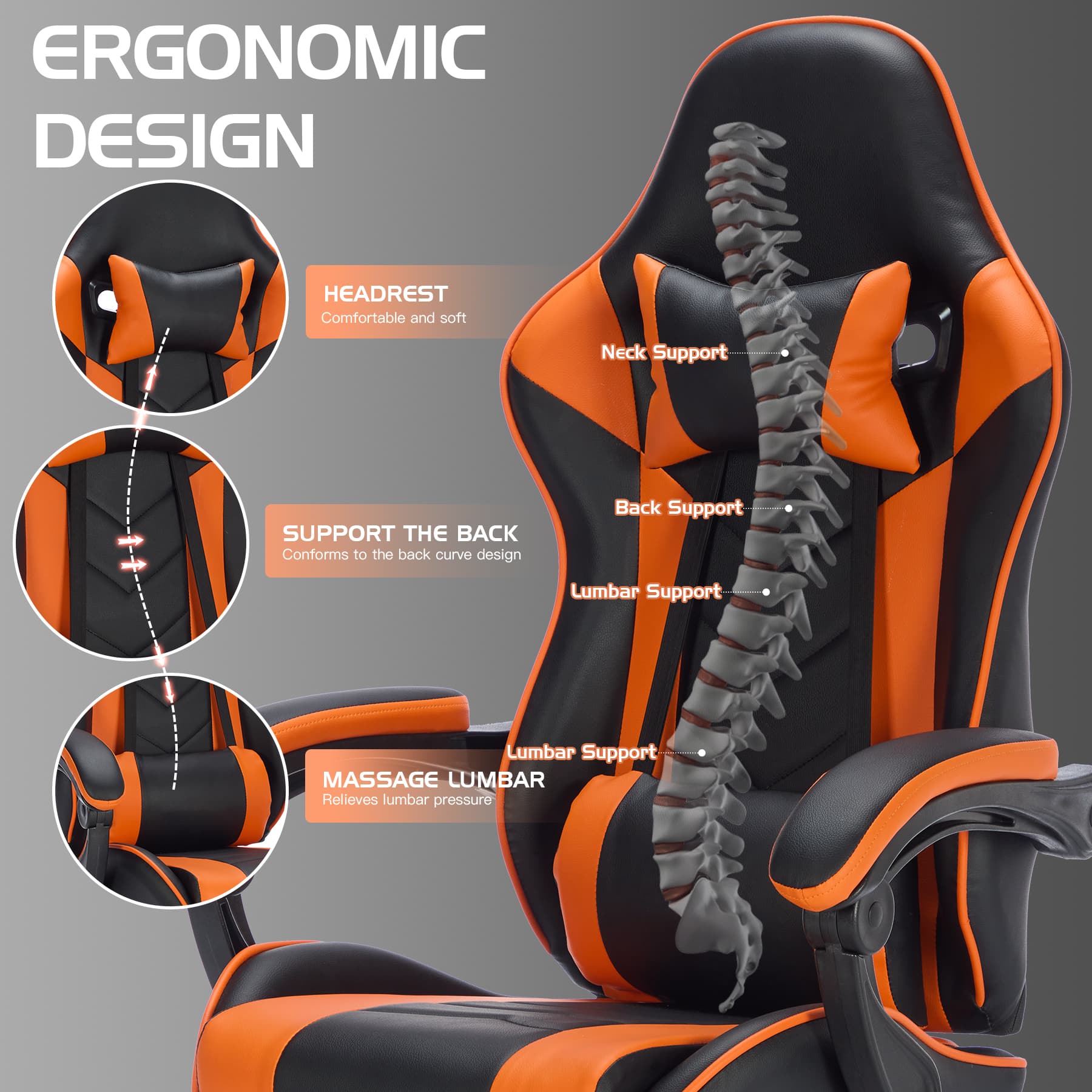 LUCKY ONE Leather Recline Ergonomic Gaming Chair W/ Massage Lumbar