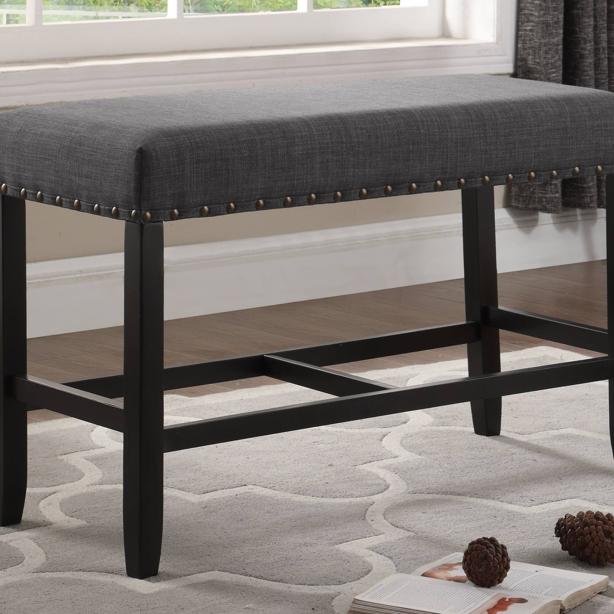 Angle. GOODSILO - Fabric Counter Height Dining Bench with Nailhead Trim and Footrest for Kitchen and Pub Settings - Grey.