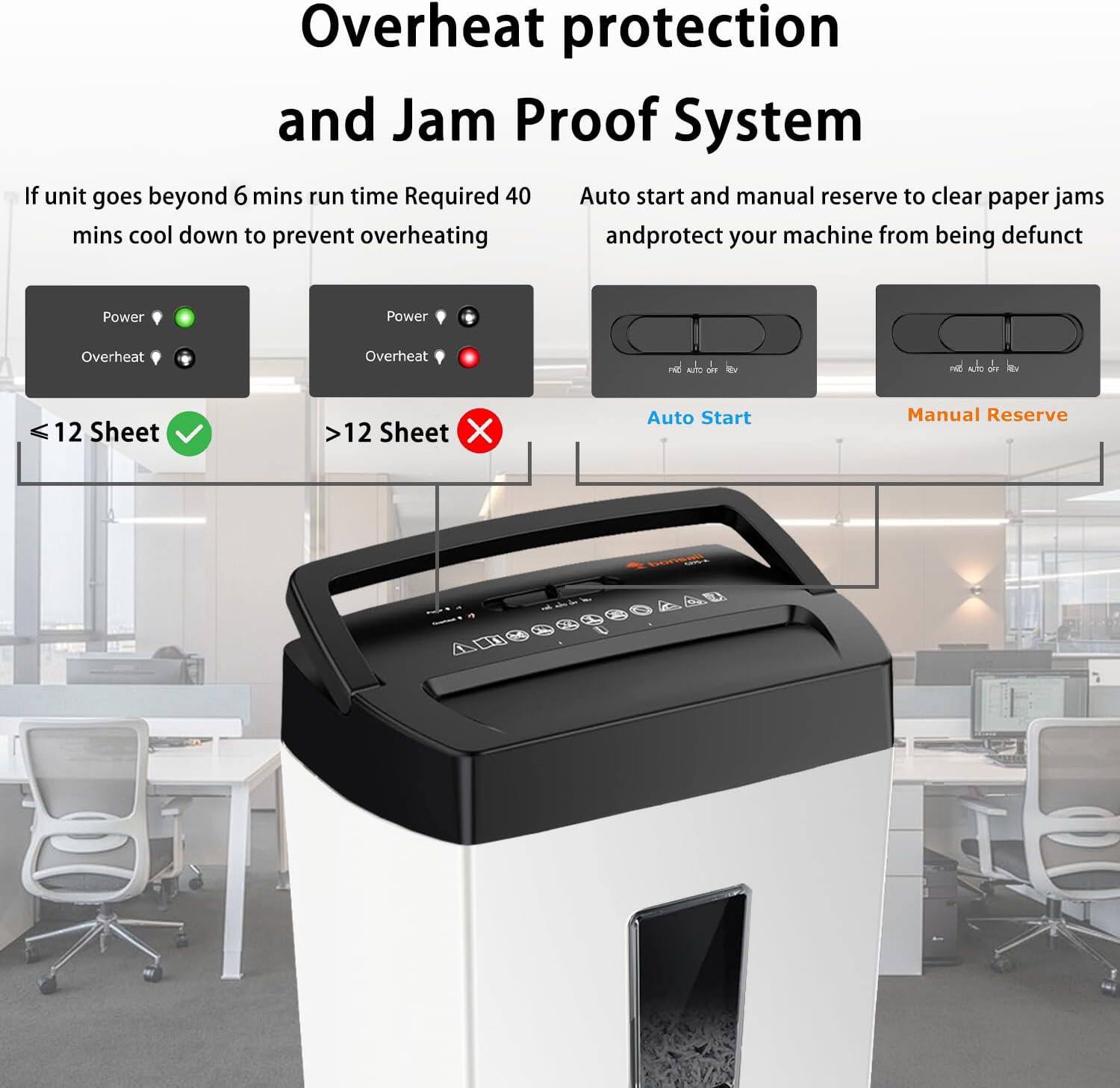 Overheat protection and Jam Proof System

If unit goes beyond 6 mins run time Required 40 mins cool down to prevent overheating

Auto start and manual reserve to clear paper jams and protect your machine from being defunct

Power
Overheat
≤ 12 Sheet
> 12 Sheet

Auto Start
Manual Reserve