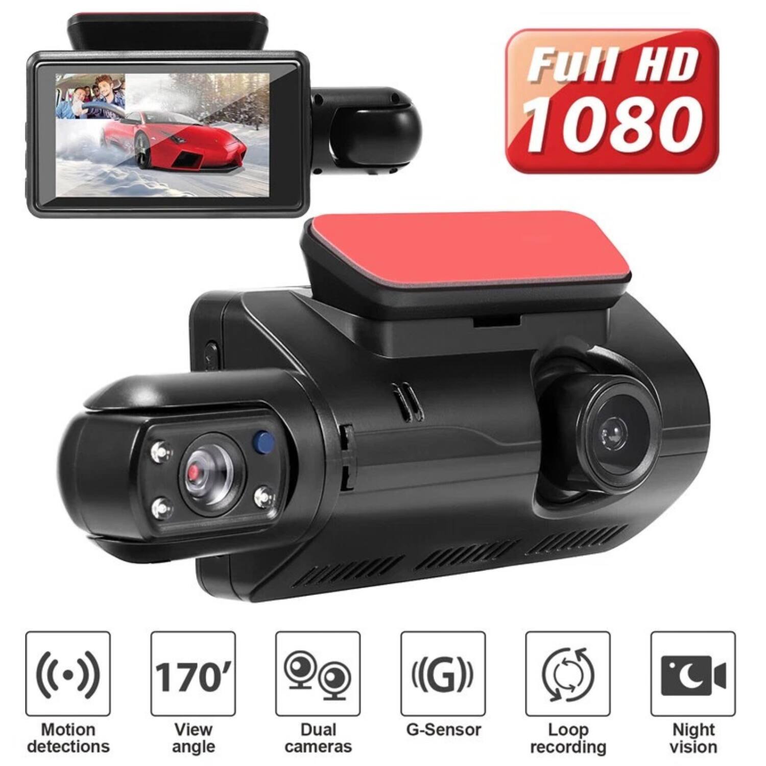 Full HD 1080  
170° View angle  
Motion detections  
Dual cameras  
G-Sensor  
Loop recording  
Night vision