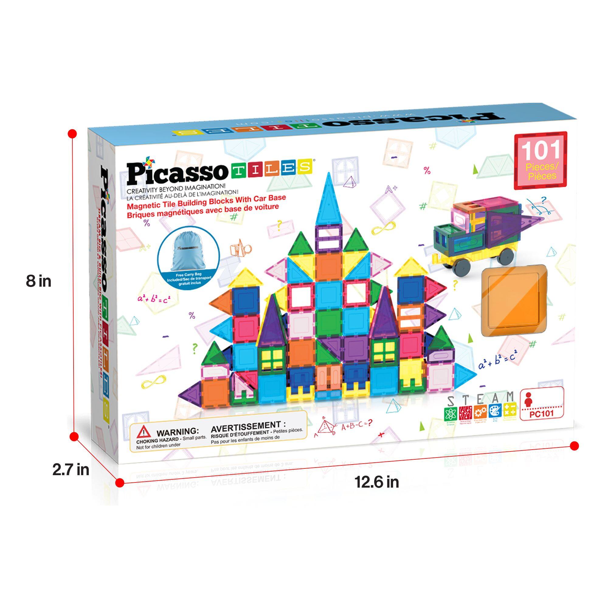 8 in -- Picasso Tiles

101 Pieces/ Pieces

CREATIVITY BEYOND IMAGINATION

LA CREATIVITÉ AU-DELA DE L'IMAGINATION

Magnetic Tile Building Blocks With Car Base

Briques magnétiques avec base de voiture

WARNING: AVERTISSEMENT

CHOKING HAZARD - Small parts. Not for children under 3 years.

RISQUE D'ETUFFEMENT - Petites pièces. Pas pour les enfants de moins de 3 ans.

STEAM

PC101

2.7 in

12.6 in