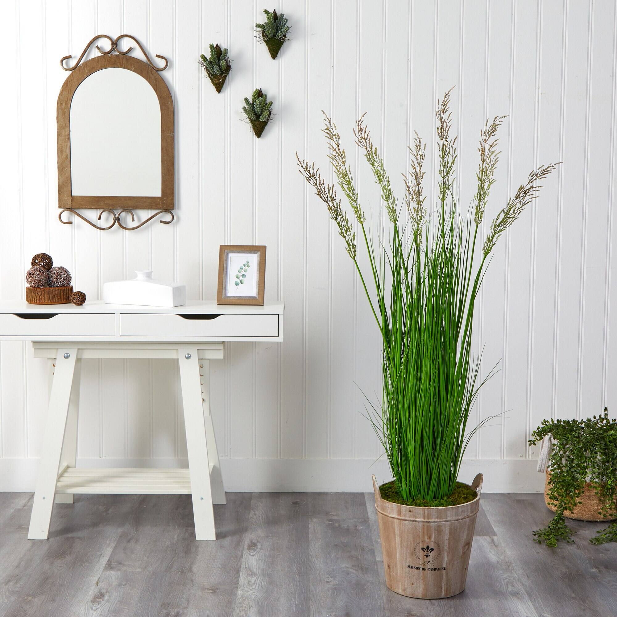Left. BreeBe - 64" Wheat Grass Artificial Plant in Farmhouse Planter - Green.