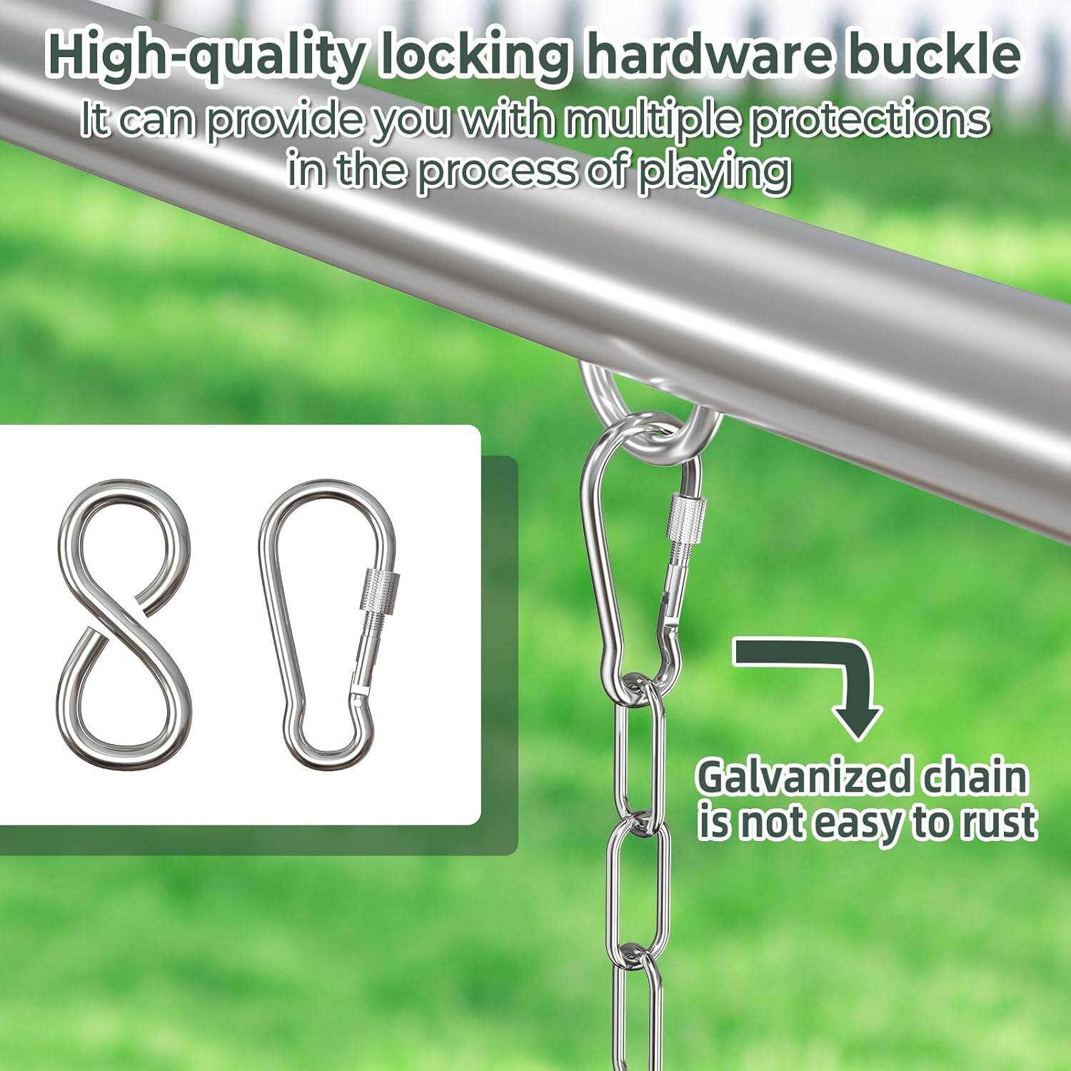 High-quality locking hardware buckle  
It can provide you with multiple protections in the process of playing  

Galvanized chain is not easy to rust